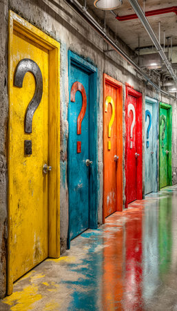 Vibrant doors adorned with question marks stretch along a gritty industrial corridor, creating a...