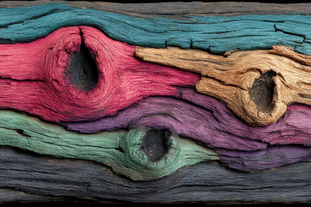 Rustic wooden surface featuring lively patches of color, intricate knots, and rich, textured grain that evokes a sense of aged charm and creative flairの写真素材