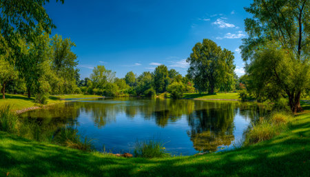 A peaceful scene featuring a calm, reflective body of water surrounded by vibrant foliage, under a clear, sunlit sky that evokes tranquility.の写真素材