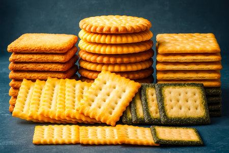 A variety of golden, crunchy crackers and biscuits arranged in a tempting, layered display against a rich dark backdrop, evoking indulgence and snackの写真素材