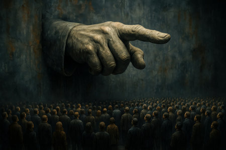 A commanding massive hand directs attention downward over a somber, shadowy mass of individuals, creating an intense and suspenseful atmosphere.の写真素材