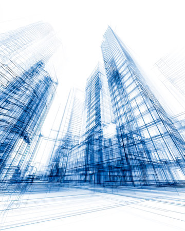 Sleek geometric lines outline towering transparent structures, evoking innovation and urban futurism amid a visionary cityscape.の写真素材