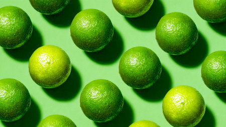 Juicy green limes meticulously clustered on a vivid background, with playful shadows highlighting...