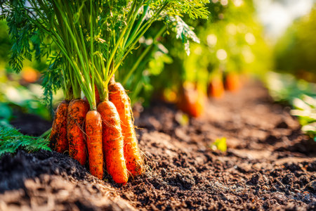 Vibrant orange roots peek through rich soil, basking in sunlight amidst lush green leaves in a thriving garden plot.の写真素材
