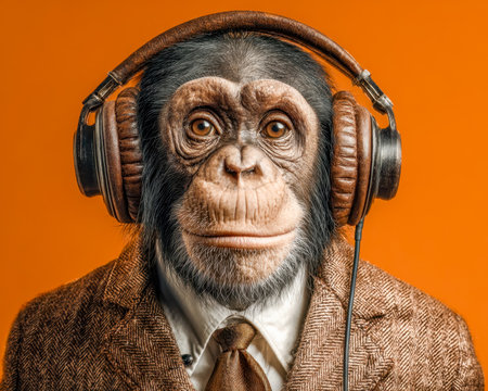A stylish chimpanzee in business attire sports trendy headphones, set against a vibrant orange backdrop, exuding modern sophistication and playful proの写真素材
