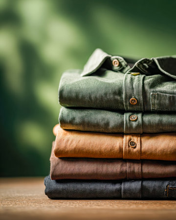 Colorful, meticulously folded casual trousers rest on a rustic wooden platform, evoking a relaxed vibe amidst lush blurred greenery.の写真素材