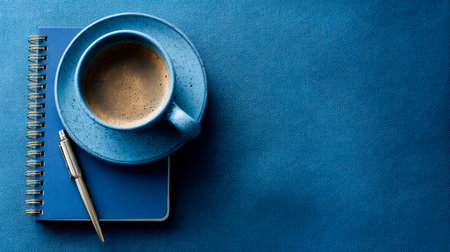 Elegant navy blue cup and saucer set with steaming coffee, paired with a matching notebook and sleek silver pen on a textured blue background, perfectの写真素材