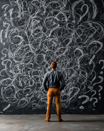 A pensive man stands before a sprawling chalkboard layered with complex diagrams, symbols, and curiosity-provoking marks, evoking deep analysis and thの写真素材
