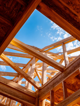 A partially assembled wooden skeleton rises against a vivid azure sky, capturing the essence of...