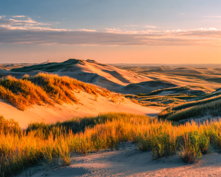 Golden hues cast shadows over sprawling dunes and tufts of green grass amid a vast desert, capturing a serene sunset mood.の写真素材
