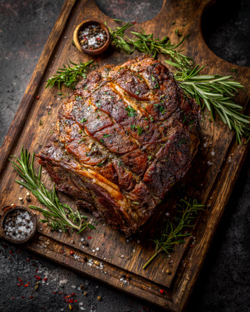 Succulent, expertly cooked beef brisket garnished with fragrant herbs, resting on a rustic wooden board, ideal for home cooking or culinary presentatiの写真素材