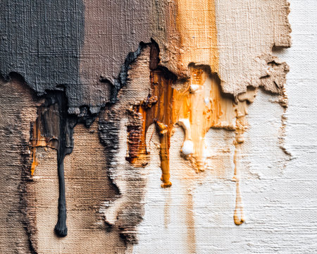 An aged wall displays flaking paint and softened wax drips, creating a warm-toned, textured scene evoking decay, introspection, and artistic charm.の写真素材