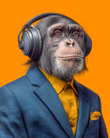A human-like chimp in a sleek suit with headphones exudes modern professionalism and style, set against a vibrant orange backdrop that energizes the sの写真素材