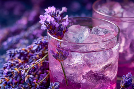 A vibrant glass filled with a cool lavender-infused drink, topped with ice cubes and delicate flower accents, evoking calm and elegance.の写真素材