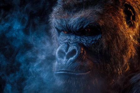 An intense portrait capturing a powerful gorilla's piercing gaze, highlighted by stark shadows and...