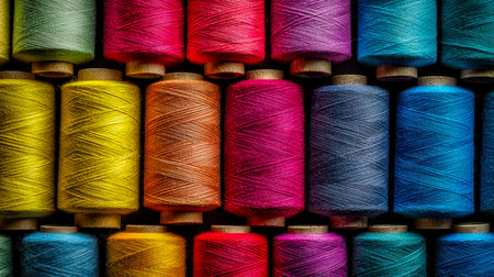 A lively display of sewing threads showcases a spectrum of hues, creating an energetic mosaic perfect for crafting inspiration.の写真素材