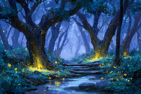 A dreamy woodland scene illuminated by gentle firefly glows, with a tranquil stream weaving through shadowed trees under a starlit sky.の写真素材