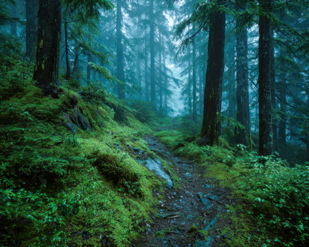 Serene woodland with lush moss carpeting the forest floor, towering trees veiled in gentle fog, evoking calm and mystical wilderness.の写真素材