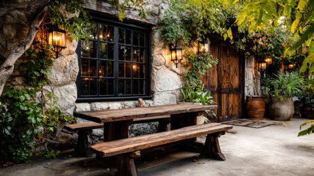 Cozy outdoor gathering spot featuring a sturdy wooden bench, textured stone backdrop, and gentle lantern glow as evening falls.の写真素材