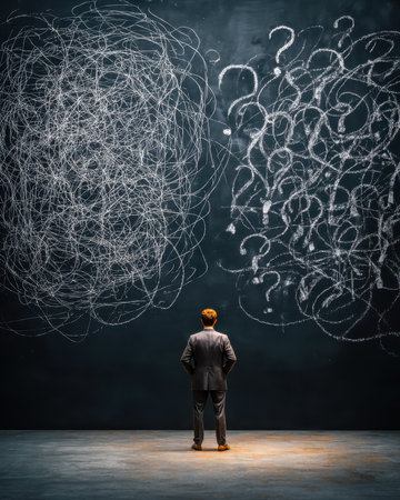 An image of a thoughtful businessman standing before an expansive chalkboard wall filled with diagrams, equations, and questions, evoking deep analysisのeditorial素材