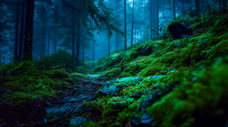 A serene woodland trail blanketed in vibrant moss, shrouded in gentle fog, evoking tranquility and mysterious nature ambiance.の写真素材