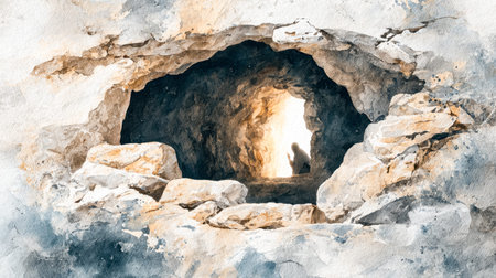 A contemplative individual relaxes amid rugged stone formations, bathed in warm sunlight filtering through the cave opening, creating a peaceful naturの写真素材