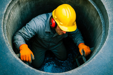 A technician in protective clothing examines underground piping with a flashlight, highlighting...
