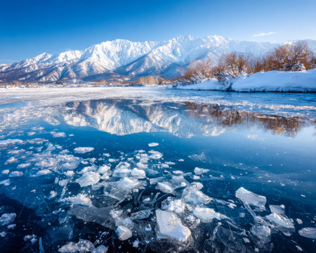 Majestic snow-draped peaks cast mirrored images on a still, icy lake with scattered shards, creating...