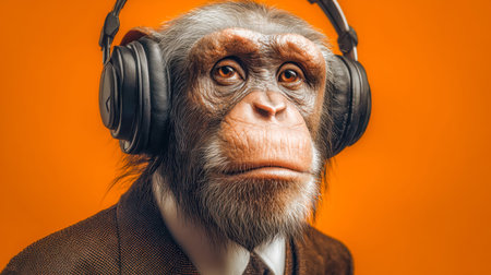 A lively chimpanzee with human-like features sports headphones stylish, exuding a cool, musical vibe...