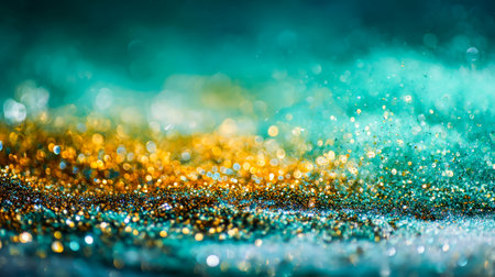 Sparkling gold and azure glitter scatter across a glossy surface, creating a dazzling contrast enhanced by a colorful, out-of-focus light backdrop.の写真素材