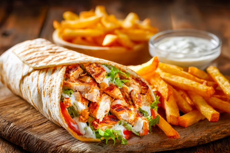 Juicy grilled chicken slices nestled in a soft flatbread, paired with crispy fries and a flavorful dipping sauce on rustic wooden surface.の写真素材