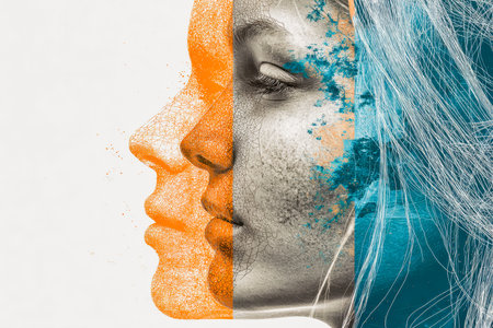A vibrant digital composition blending layered textures and abstract effects to evoke emotion and intrigue through a stylized female portrait.の写真素材