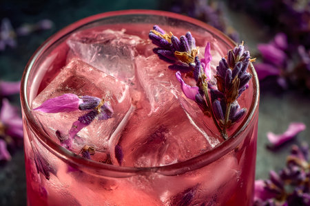 A vibrant glass of effervescent lavender-flavored beverage chilled with crystal-clear ice and garnished with fragrant lavender sprigs, creating a calmの写真素材