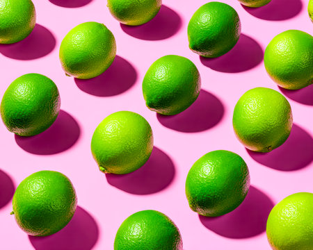 Bright green limes clustered artfully on a vibrant pink surface, with striking shadows creating a lively, bold atmosphere perfect for culinary or tropの写真素材