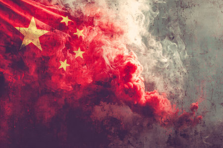 A dynamic blend of red and golden hues swirling with smoky textures, symbolizing national pride through an artistic and modern lens.の写真素材