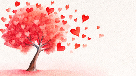 A charming watercolor depiction of a tree with crimson, love-shaped leaves, surrounded by drifting hearts, evoking romance and playful enchantment.の写真素材