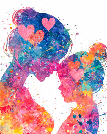 Vibrant watercolor outline depicts a couple sharing a meaningful moment, with intertwined hearts symbolizing deep emotional connection and romance.の写真素材