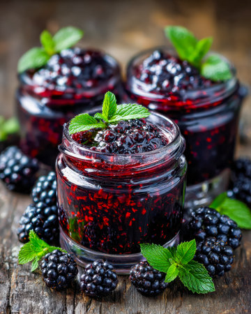 Luxurious jars of homemade blackberry preserves adorned with fresh mint, dotted with ripe berries and vibrant greenery on a textured wooden backdrop.の写真素材