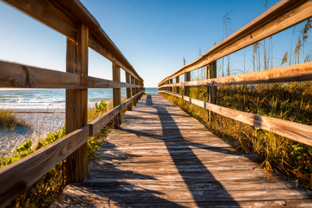 A rustic wooden trail guides the eye toward a pristine shoreline, with turquoise waves under a cloudless azure sky, evoking serenity and adventure.の写真素材
