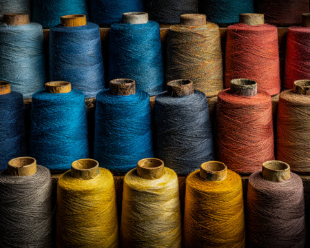 Vibrant threads in multiple hues are meticulously organized in aligned rows, creating an inspiring palette for craft enthusiasts and designers.の写真素材