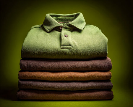 A vibrant array of folded sweaters in various hues, topped with a fresh green polo, creating a cheerful, organized display perfect for fashion or retaの写真素材