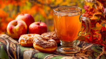 Warm autumn scene featuring a clear mug of spiced apple drink surrounded by crisp apples and glazed cinnamon donuts on weathered wood outdoors.の写真素材