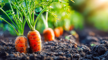 Vibrant green leaves sway over tender orange roots nestled in dark earth, basking in warm sunlight, capturing nature's tender agricultural moment.の写真素材