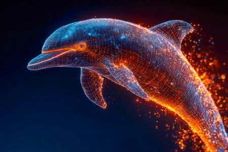 A futuristic aquatic scene featuring a luminous dolphin silhouette illuminated by vibrant neon hues and dynamic particle streams, evoking energy and mの写真素材