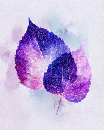 An array of bold purple and pink foliage with delicate vein patterns, set against a gentle watercolor wash that evokes artistic elegance and natural bの写真素材
