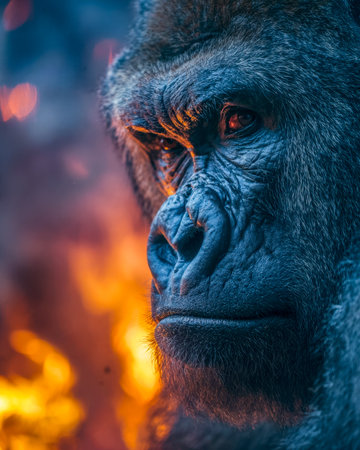 A powerful gorilla's face displays fierce determination amid a blazing, fiery backdrop, capturing raw emotion and primal strength in fiery hues.の写真素材