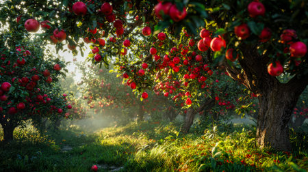 Lush orchard bathed in warm late afternoon sunlight, showcasing vibrant red apples hanging amid green leaves on gently swaying branches.の写真素材