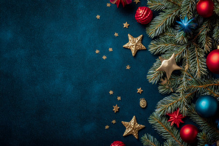 Vibrant pine branches adorned with shimmering baubles and luminous stars create a warm, magical holiday scene against a deep, moody backdrop.の写真素材