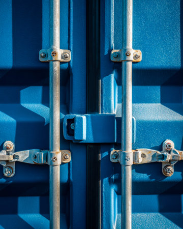 A vibrant blue metallic door featuring sturdy locking rods and robust hinges, evoking industrial...