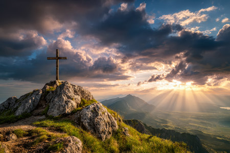 A tranquil vista of towering peaks bathed in sunset glow, featuring a rustic wooden cross standing silently against the vibrant sky.の写真素材